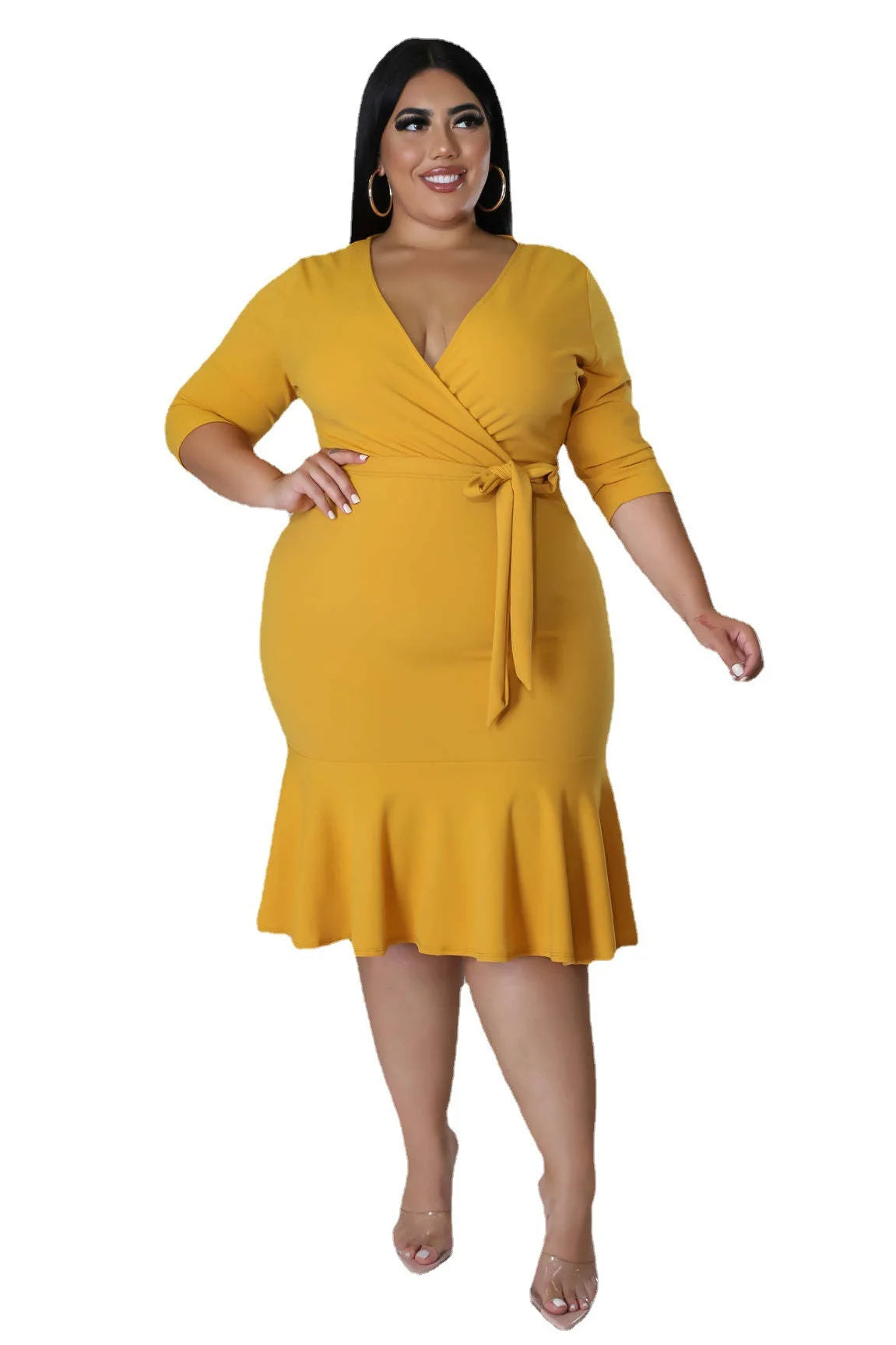 American Deep V Ruffle Formal Elegant Short Sleeve Dresses for Women