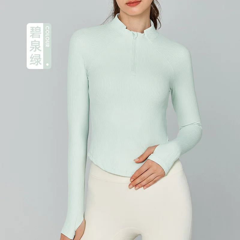 Fitness Long Sleeve Top Stand Collar Yoga Half Zipper Stretch Super Soft Nylon Compression Good Shir