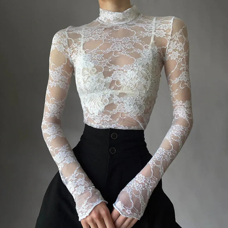 Lace Blouse Shirts Summer Women Turtleneck Long Sleeve See Through Lace Patchwork Thin Tops