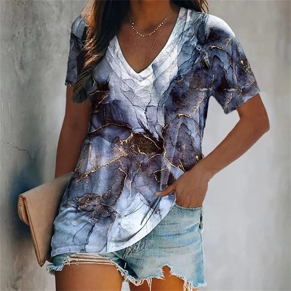 Colorful Tassels Print T-Shirt Fashion Women's Short Sleeve V-Neck T-Shirt Summer Casual Elegant Women's Large Size T-Shirt