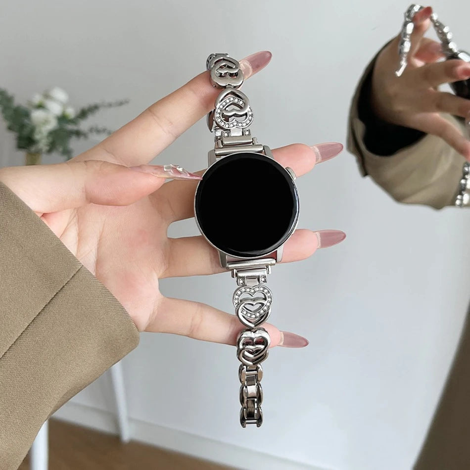 Band For Samsung Galaxy Watch 5/4 6 Classic 5 Pro Fashion Dual Heart Metal Bracelet Strap For Amazfit Bip/GTS Huawei GT2