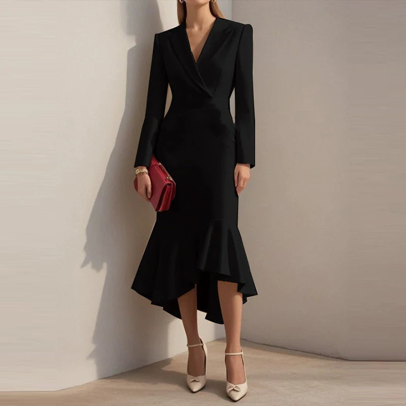 Lapel V-neck Fishtail Dress For Women Fashion Commute Hight Waist Solid Long Dress Casual Long Sleeve Ruffle Party Dress