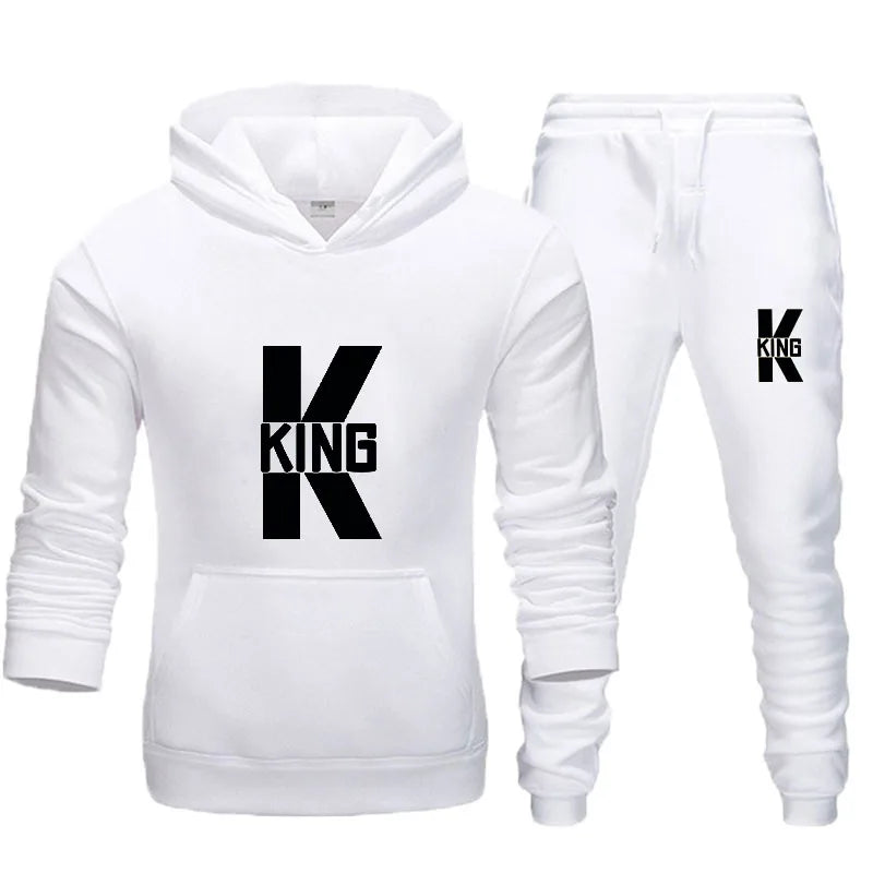 Fashion Lover Couple Clothing Sportwear Set KING QUEEN Printed Hooded Clothes 2PCS Set Women Hoodie and Pants Suit Hoodies
