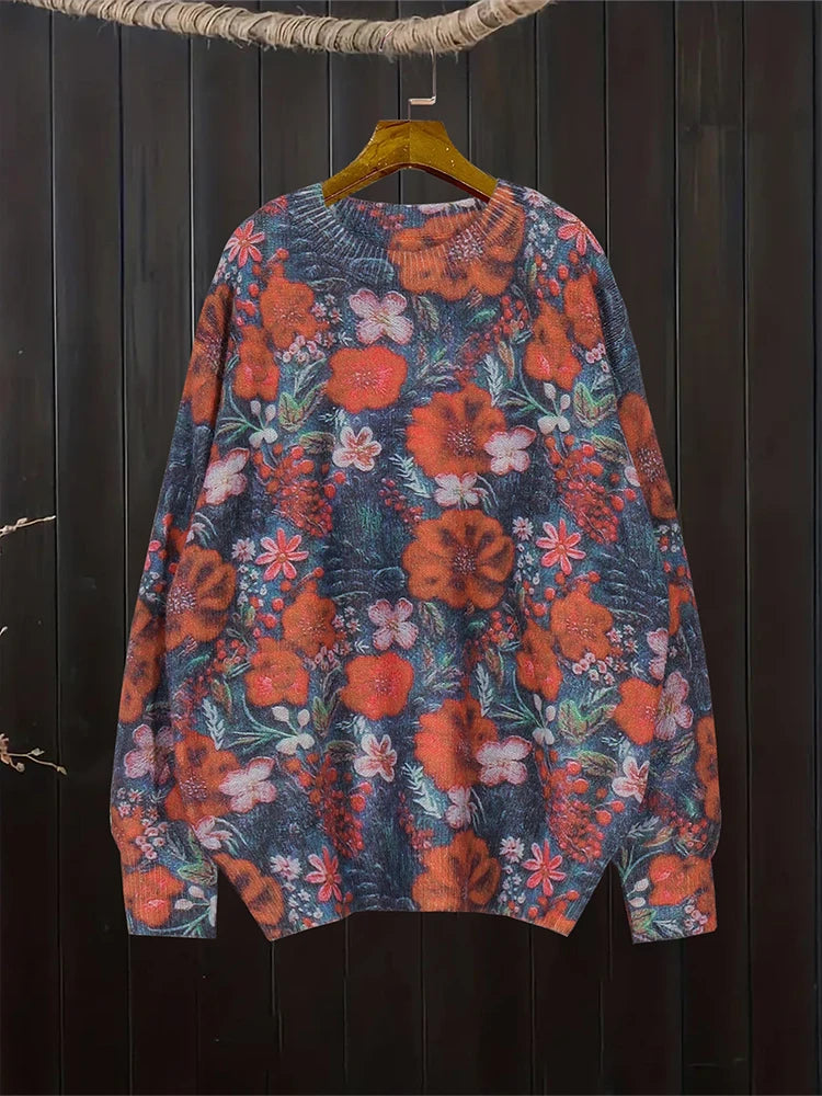 plus Size Printed Crew Neck Knit Sweater for Women Loose Casual Autumn Winter Top Trendy Fashion Best Choice