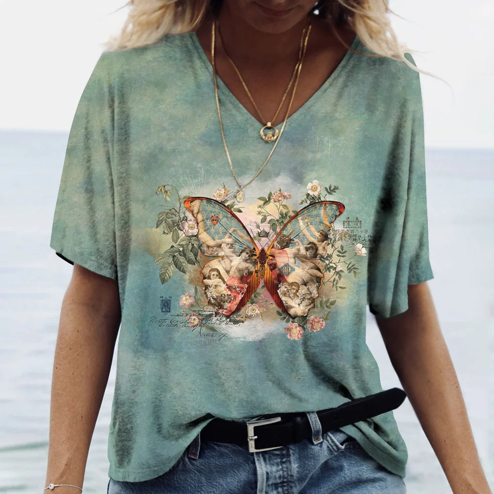 Summer Women's T-Shirt Vintage Casual Fashion V Neck Pullover Short Sleeve Butterfly Print Loose Daily Tops Design Clothing