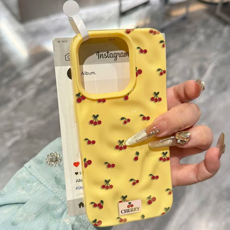 Cute Cherry Folds Texture Phone Case For iPhone 17 16 15 14 13 12 11 Pro Max 16 15 Plus Candy Color Shockproof Soft Back Cover