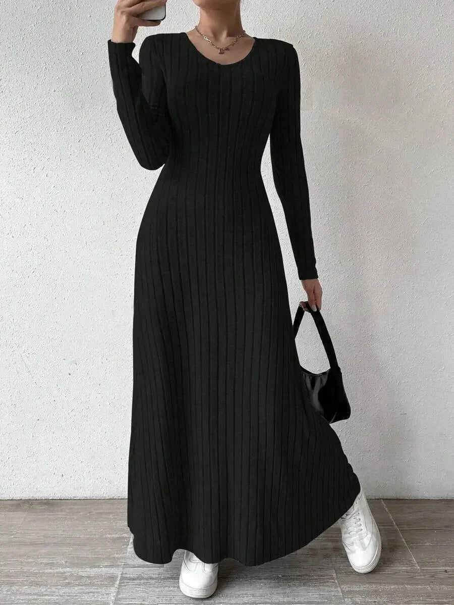 Long Sleeve A- Line Streetwear Dress For Women Smooths And Slims Your Silhouette Solid Color Long Dress