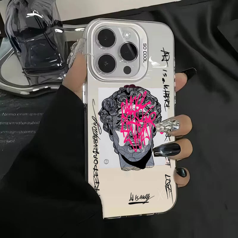 Graffiti Great Art Aesthetic David Mona Lisa Electroplate Silver Case For iPhone 17 15 14 13 12 11 16 Pro Max XS 7 8 Plus Cover