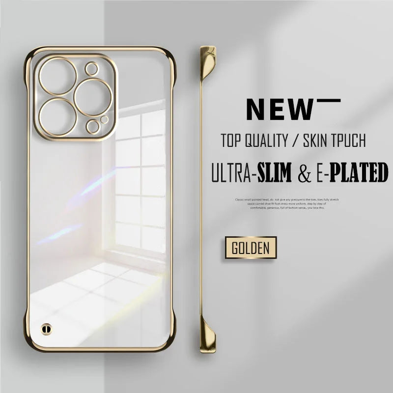 Plated Clear Slim Frameless Phone Case For iPhone 17 Air 16 15 14 Pro Max 16e 16Pro 16 Plus Plating Transparent Back Cover