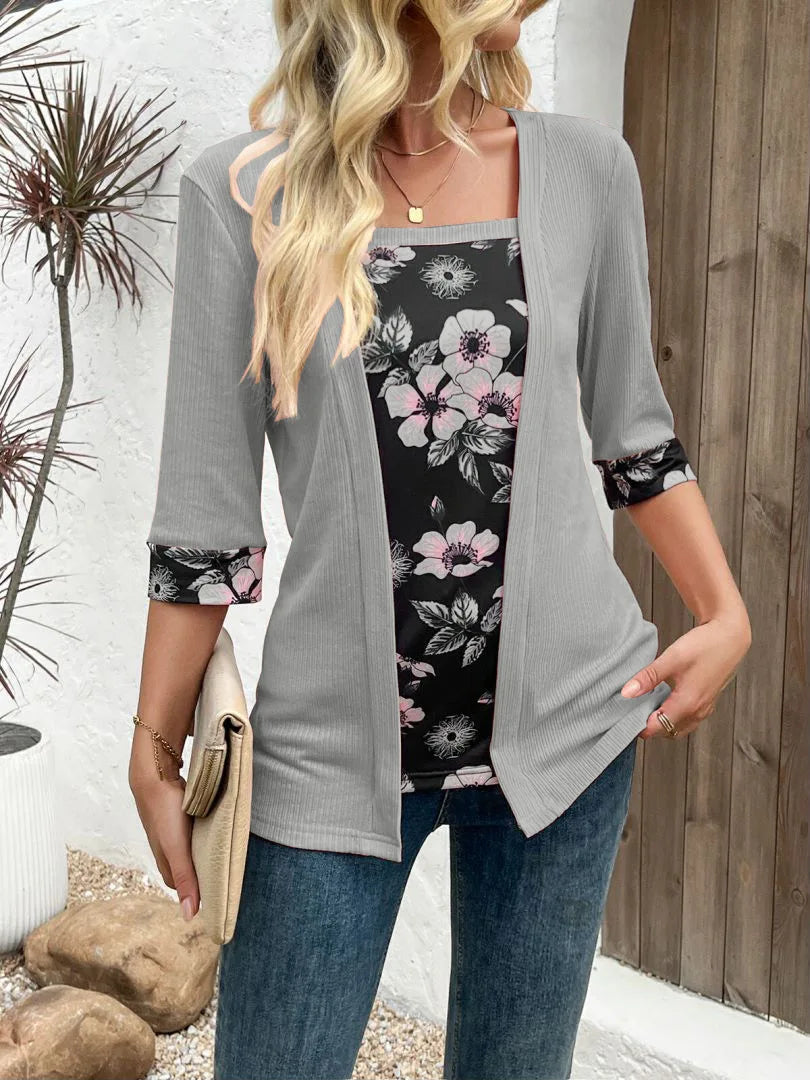 European,Clothes,Elastic,T-Shirt,Women,Chic,Sexy,Fake two pieces,Patchwork,Print,Tops,Half Sleeve,Loose,Tees,