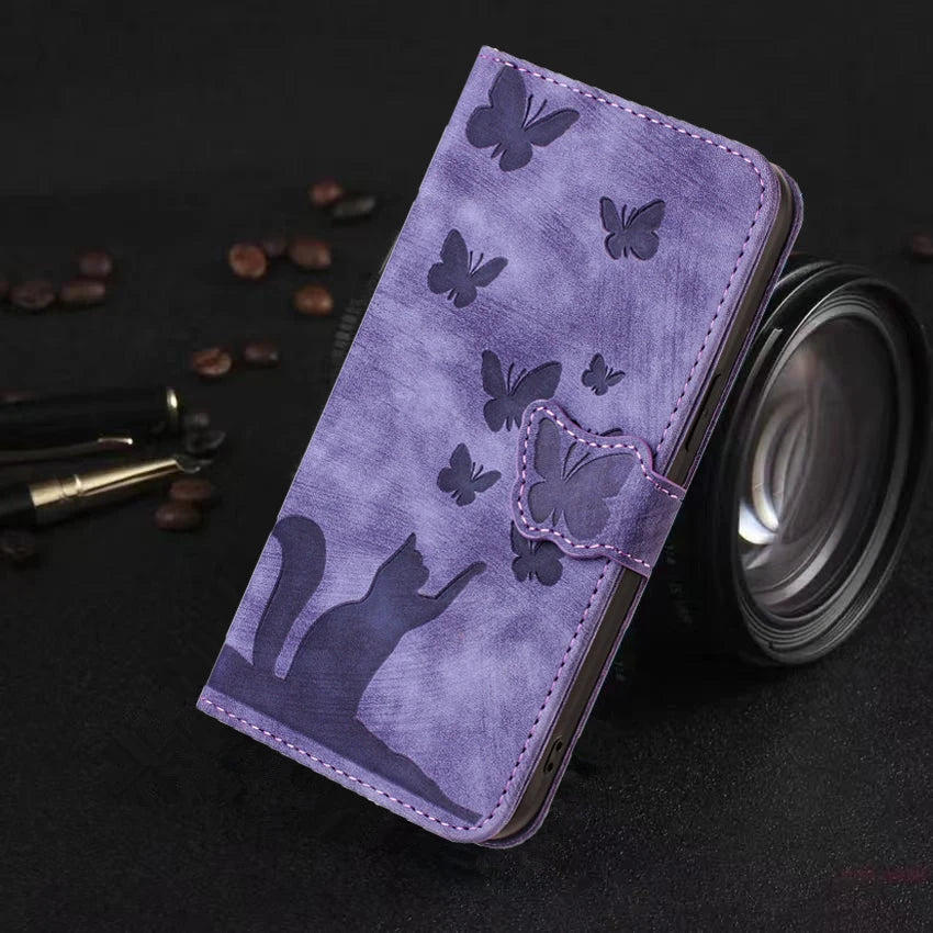 IPhone 17 Flip Case for Coque iPhone 15 16 14 13 12 11 Pro Max iPhon 15 Plus Cases Cute Cat Butterfly Leather Wallet Back Cover