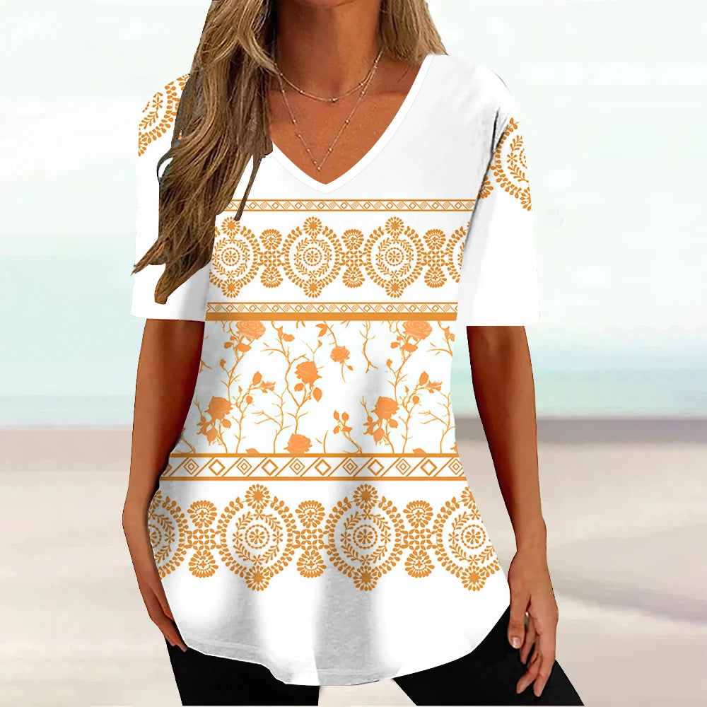 Wind Ladies V-neck T-shirt Summer Outdoor Casual Short Sleeve Tops Retro Street Flower Print OverSize Women's Clothing