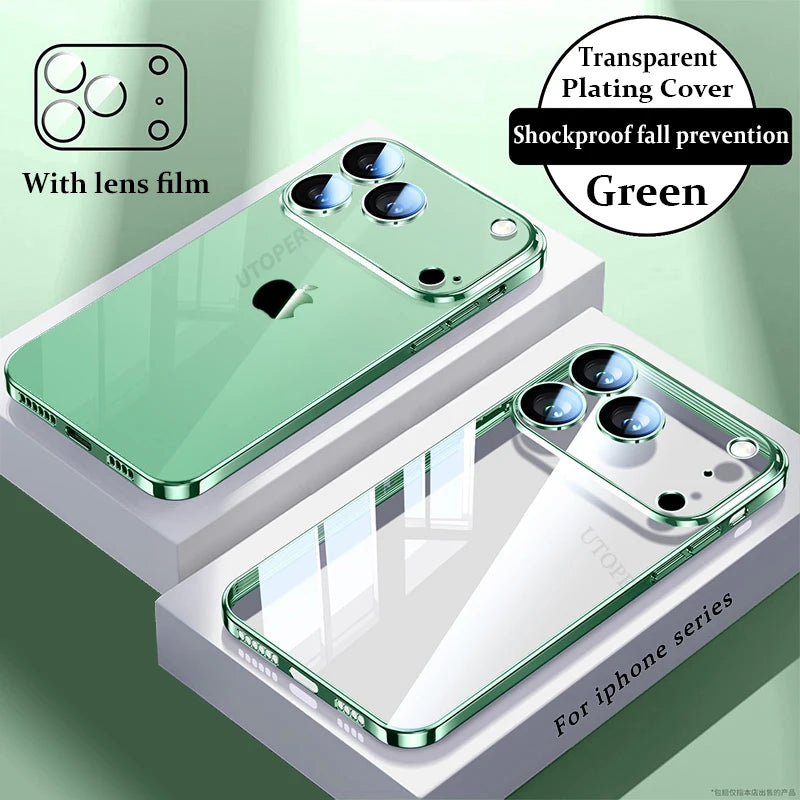 Plating Transparent with Lens Film Case for iPhone 17 Air 17 16 15 14 13 12 11 Pro Max Plus Anti-fall Damping Cover
