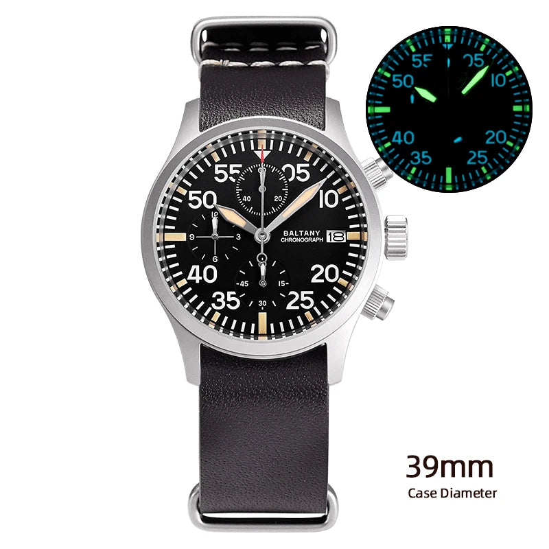 Baltany 39mm Military Chronograph Watch Man S5045 Sapphire Crystal 10ATM Stainless Steel VK67 Calendar Retro Quartz Wristwatches