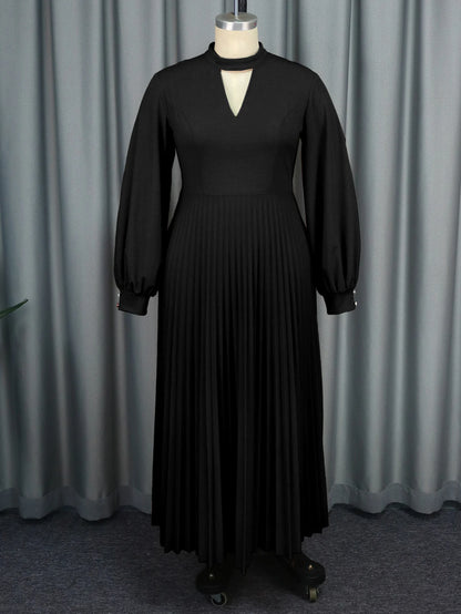 Long Lantern Sleeves Cut Out Maxi Curvy Women Pleated Dresses Plus Size