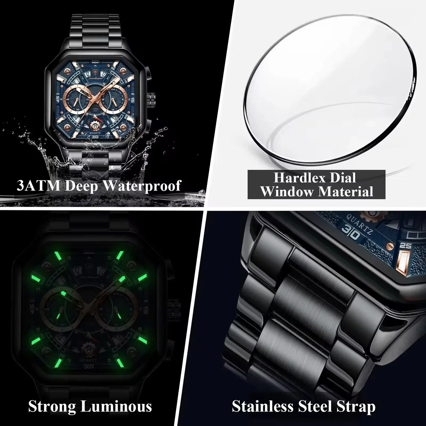POEDAGAR New Fashion 983 Luxury Square Stainless Steel Quartz Men's Watches Waterproof Luminous Chronograph Watch for Men