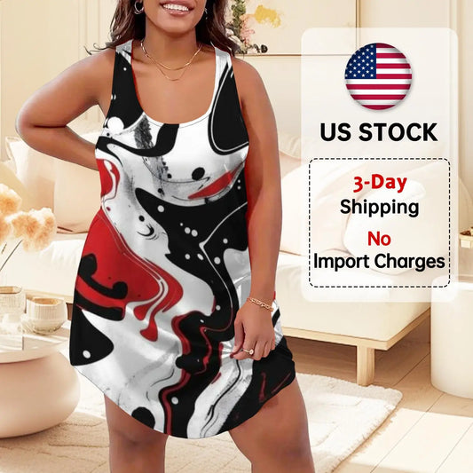 Red Black White Marble Sleeveless Sleeve T Sports dress Abstract Fluid Art Design Tee fashion Casual Summer Oversize Top