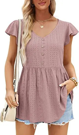 Cotton Summer Long T-shirt Tops Jacquard Knitting Holiday V-neck Button Ruffled Casual Slim Waist Short Dress