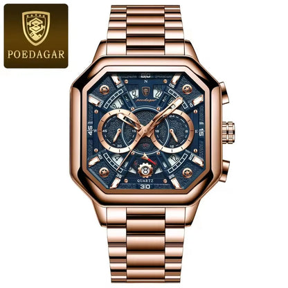 POEDAGAR New Fashion 983 Luxury Square Stainless Steel Quartz Men's Watches Waterproof Luminous Chronograph Watch for Men