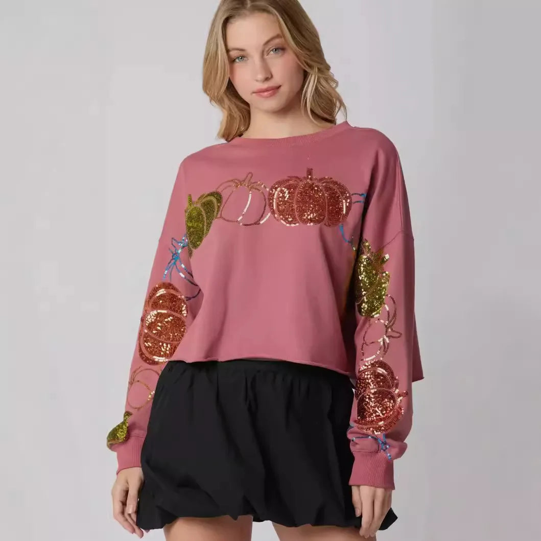 Sequin Hoodie for Women Loose Fit Pumpkin Pattern Terry Crop Top Casual Short Winter Autumn Spring Puff Printing