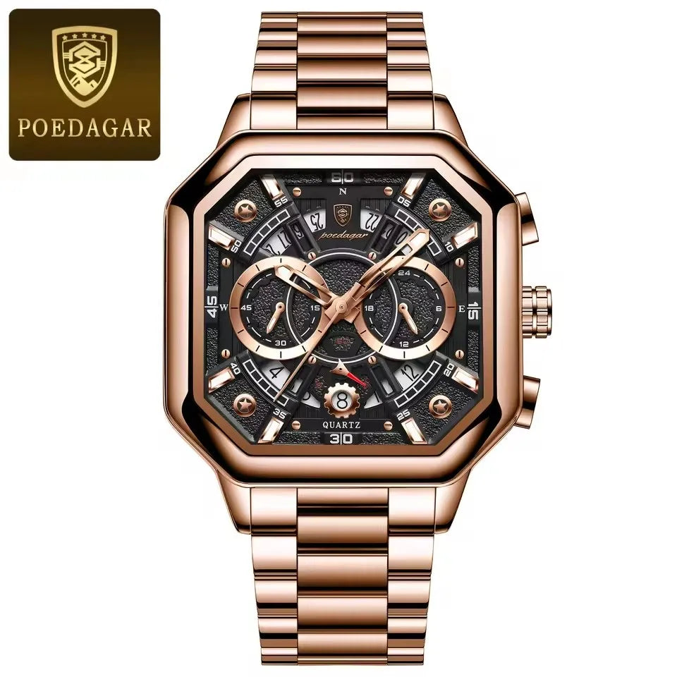 POEDAGAR New Fashion 983 Luxury Square Stainless Steel Quartz Men's Watches Waterproof Luminous Chronograph Watch for Men