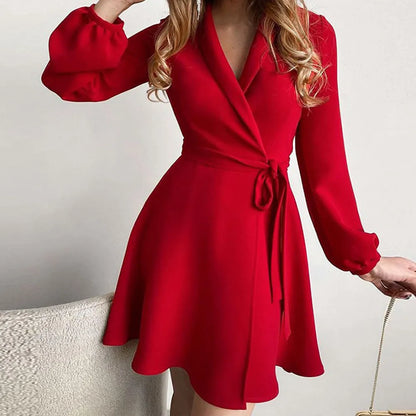 Floral Print Patchwork Office Lady Dress Spring Turn-down Collar Belted Mini Dress Autumn Long Sleeve Women Party Dress