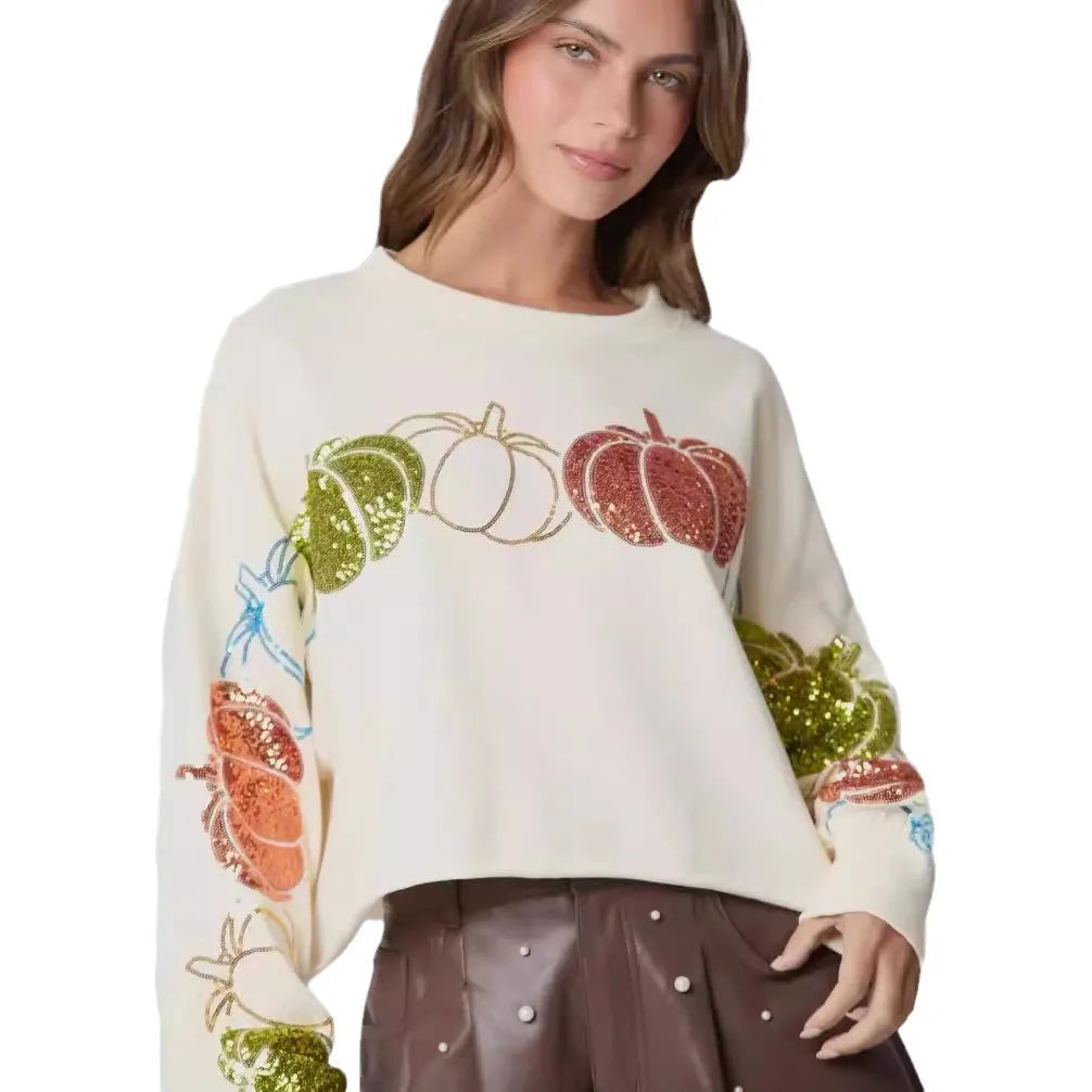 Sequin Hoodie for Women Loose Fit Pumpkin Pattern Terry Crop Top Casual Short Winter Autumn Spring Puff Printing