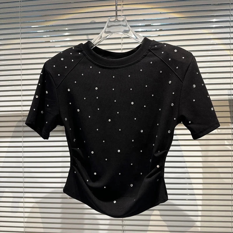 Summer Streetwear T-shirts Casual Rhinestone Diamond Shoulder Pad Short Sleeve T-shirt for Women