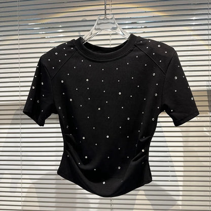 Summer Streetwear T-shirts Casual Rhinestone Diamond Shoulder Pad Short Sleeve T-shirt for Women