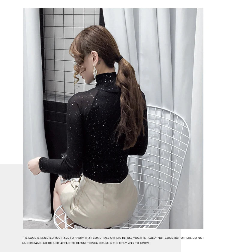 Women Mesh top High neck Sexy Black bottoming t shirt Casual Bright silk Lady shirt Blusa