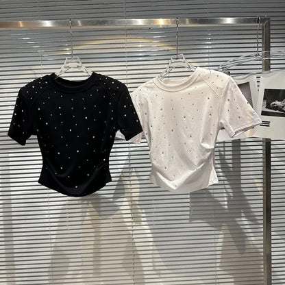 Summer Streetwear T-shirts Casual Rhinestone Diamond Shoulder Pad Short Sleeve T-shirt for Women
