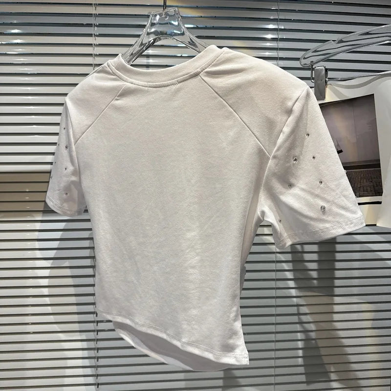 Summer Streetwear T-shirts Casual Rhinestone Diamond Shoulder Pad Short Sleeve T-shirt for Women