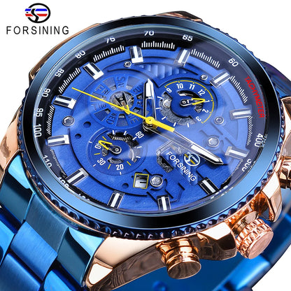Forsining Three Dial Calendar Stainless Steel Men Mechanical Automatic Wrist Watches Top Brand Luxury Military Sport Male Clock