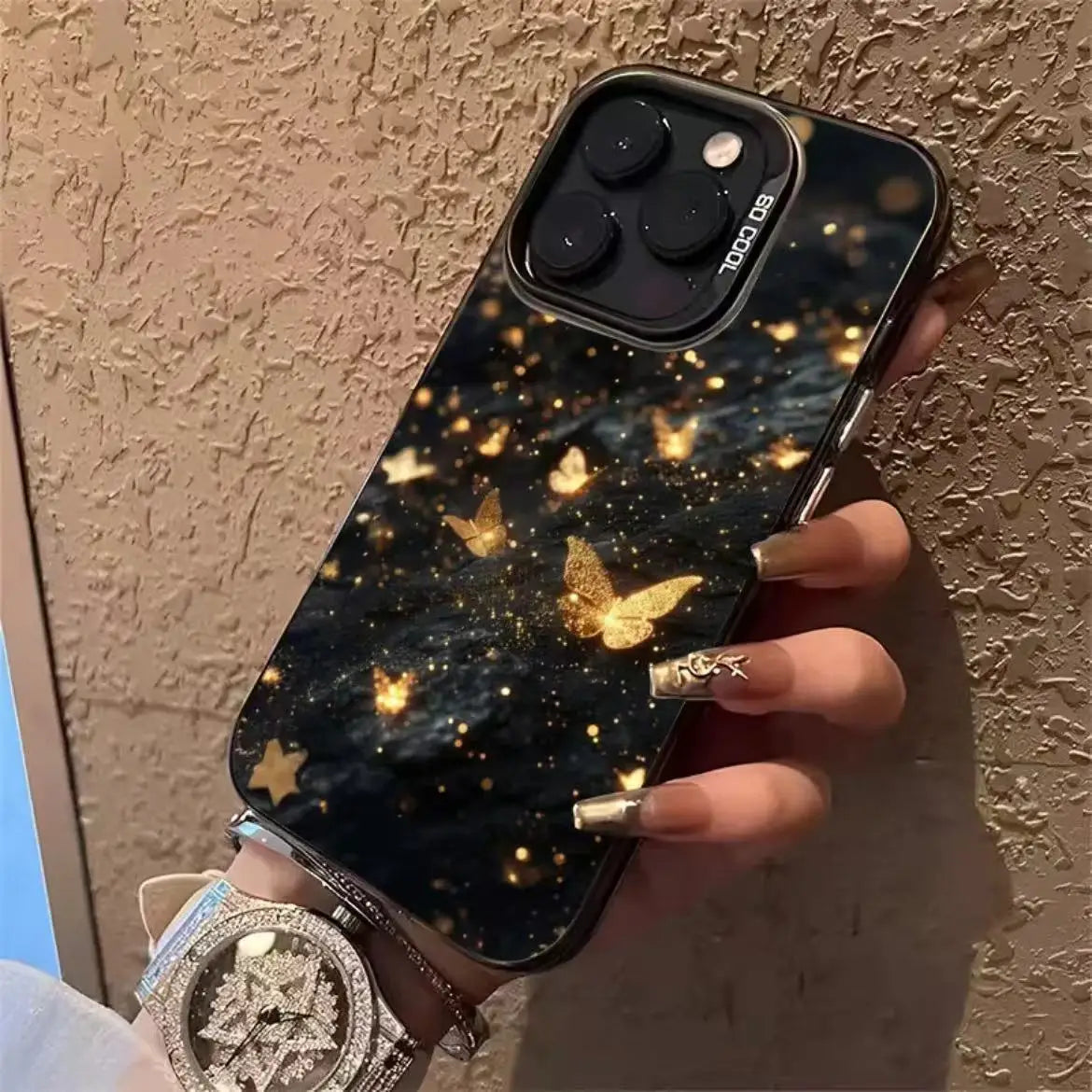 Light Gold Butterfly Printing Electroplated Silver Key TPU PC Mobile Phone Case for Iphone X Xr Xs 11 12 13 14 15 16 17 Pro Max