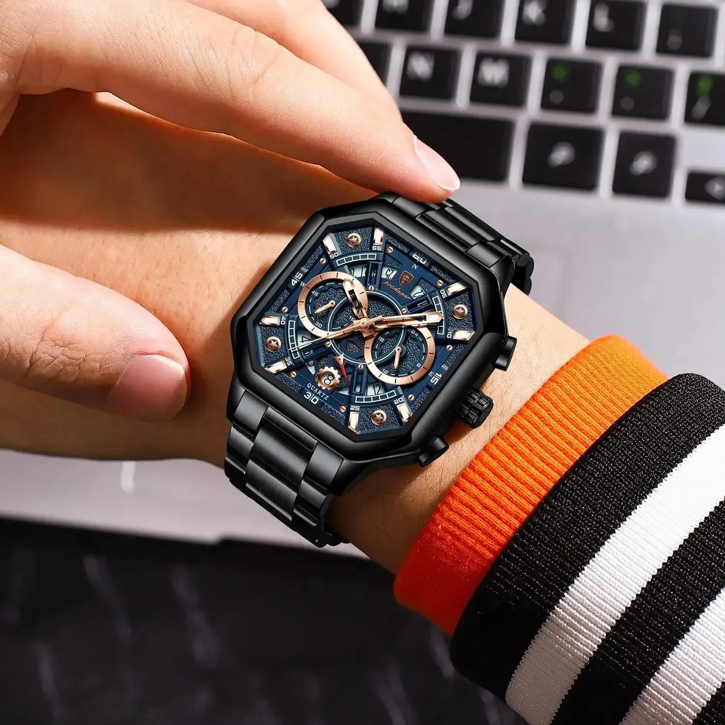 POEDAGAR New Fashion 983 Luxury Square Stainless Steel Quartz Men's Watches Waterproof Luminous Chronograph Watch for Men