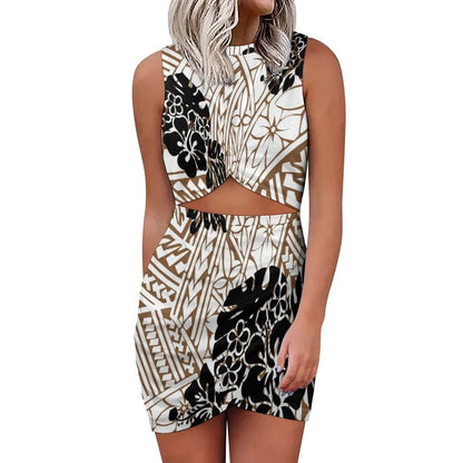 Midnight Party Mini Dress Polynesian Hawaii Print Slim Package Hip Dress Island Sleeveless Dress