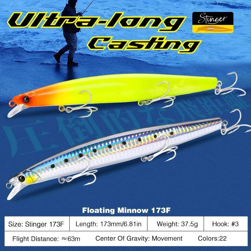 Ultra-long Casting Floating Minnow 173mm 37.5g Saltwater Fishing Lure STINGER Artificial Large Hard Baits