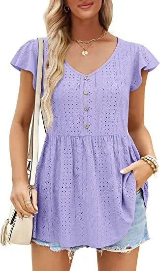Cotton Summer Long T-shirt Tops Jacquard Knitting Holiday V-neck Button Ruffled Casual Slim Waist Short Dress