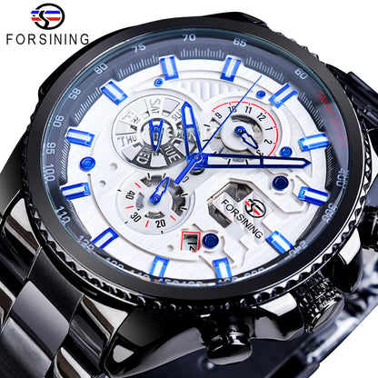 Forsining Three Dial Calendar Stainless Steel Men Mechanical Automatic Wrist Watches Top Brand Luxury Military Sport Male Clock