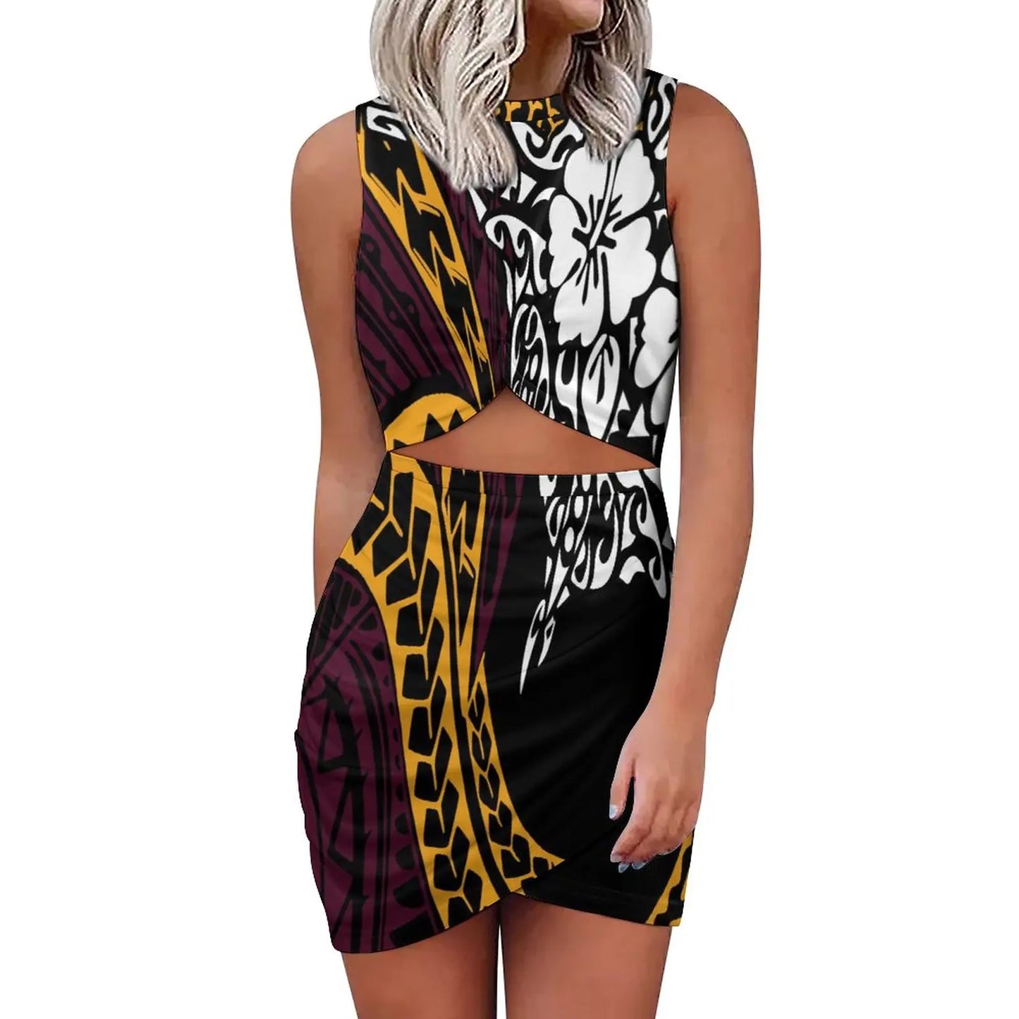 Midnight Party Mini Dress Polynesian Hawaii Print Slim Package Hip Dress Island Sleeveless Dress