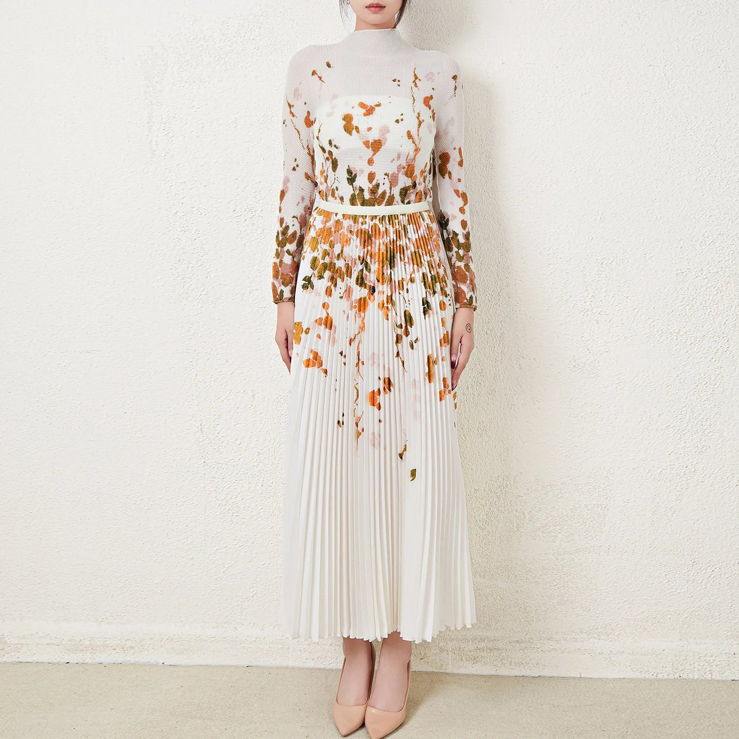 Pleated Top and Pleated Skirt Printed Elastic Stretch Free Size Two Piece Skirt Set