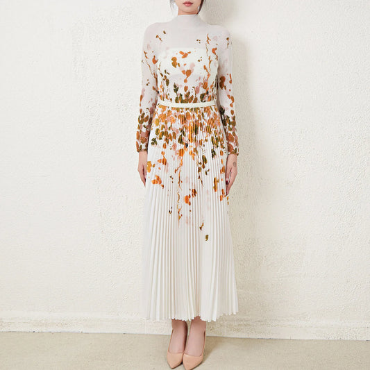 Pleated Top and Pleated Skirt Printed Elastic Stretch Free Size Two Piece Skirt Set