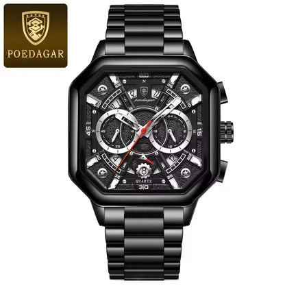 POEDAGAR New Fashion 983 Luxury Square Stainless Steel Quartz Men's Watches Waterproof Luminous Chronograph Watch for Men