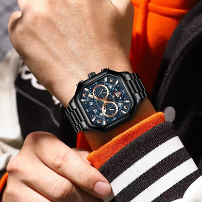 POEDAGAR New Fashion 983 Luxury Square Stainless Steel Quartz Men's Watches Waterproof Luminous Chronograph Watch for Men