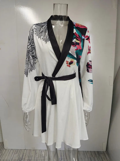 Floral Print Patchwork Office Lady Dress Spring Turn-down Collar Belted Mini Dress Autumn Long Sleeve Women Party Dress