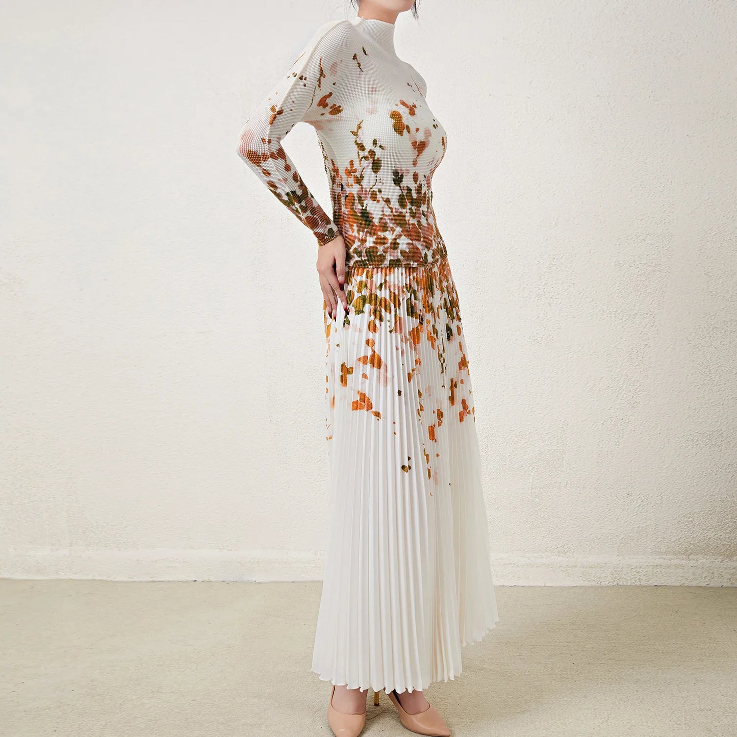 Pleated Top and Pleated Skirt Printed Elastic Stretch Free Size Two Piece Skirt Set