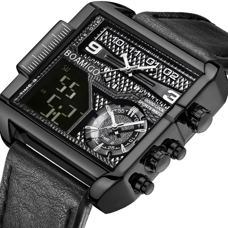 BOAMIGO Watch 3 Time Zone square Large Dial Leather Quartz  Watches Waterproof