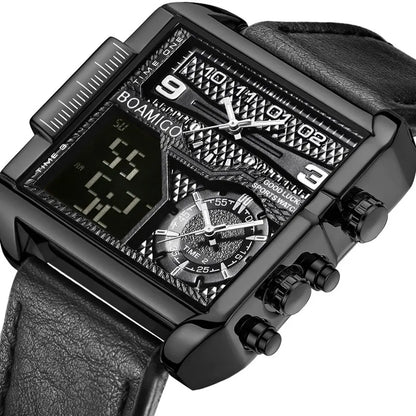 BOAMIGO Watch 3 Time Zone square Large Dial Leather Quartz  Watches Waterproof