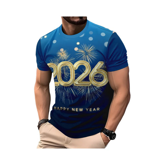 2026 New Year Men's 3d Digital Printed Casual Short Sleeve Jersey Knitted T-shirt 100% Polyester Anti-pilling Regular  Fit Front