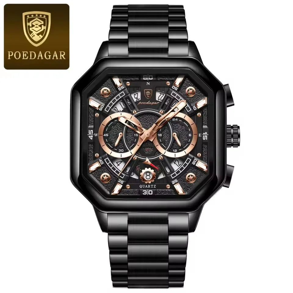 POEDAGAR New Fashion 983 Luxury Square Stainless Steel Quartz Men's Watches Waterproof Luminous Chronograph Watch for Men